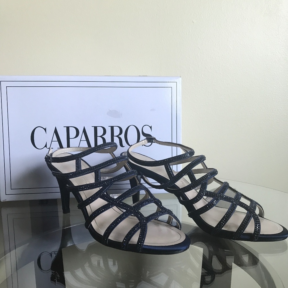 Caparros Navy Blue Satin Harmonica Evening Sandals Women’s Size 8